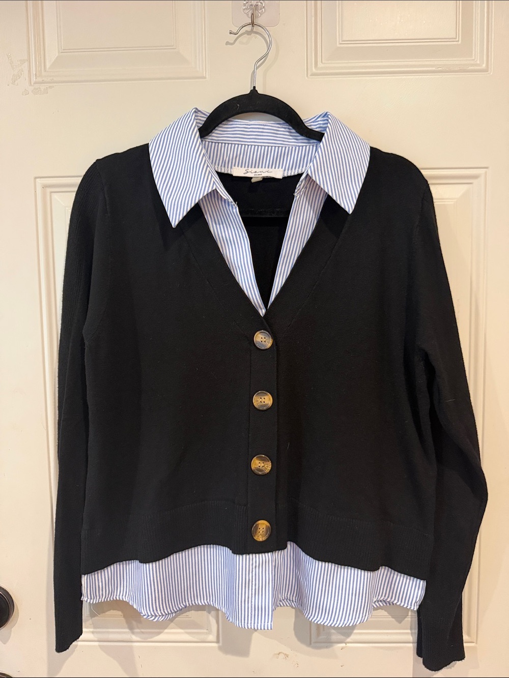 Sioni Black Layered V-Neck Button Cardigan with Blue-White Striped Shirt Detail